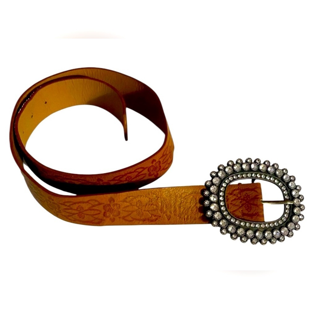 Floral Embossed Faux Leather Belt, Faux Rhinestone buckle, Boho, Artsy, Y2K‌‌